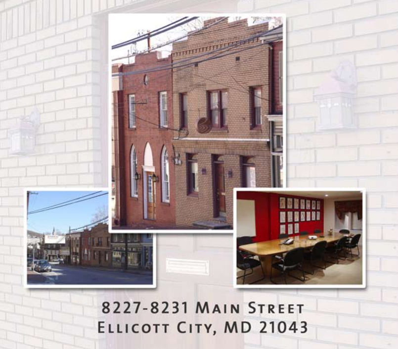 Brochure cover for marketing 8231 Main Street and 8227 Main Street featuring each buliding and a conference room detail.