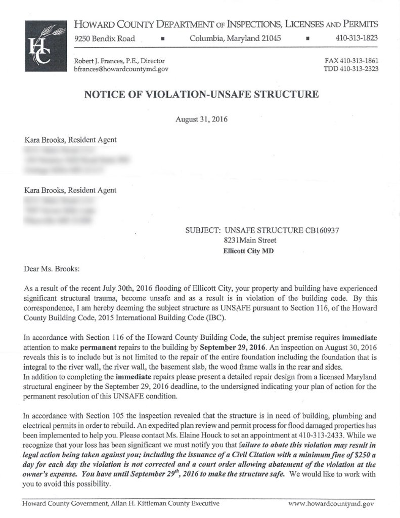 Notice of violation-unsafe structure from Howard County Maryland one month after the flood of Jully 2016
