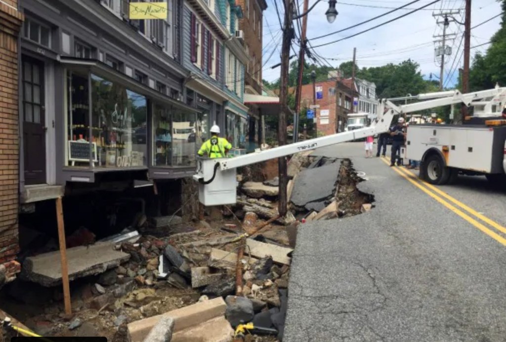Image of street view after 2016 flood in front of 8200 block of Main Street