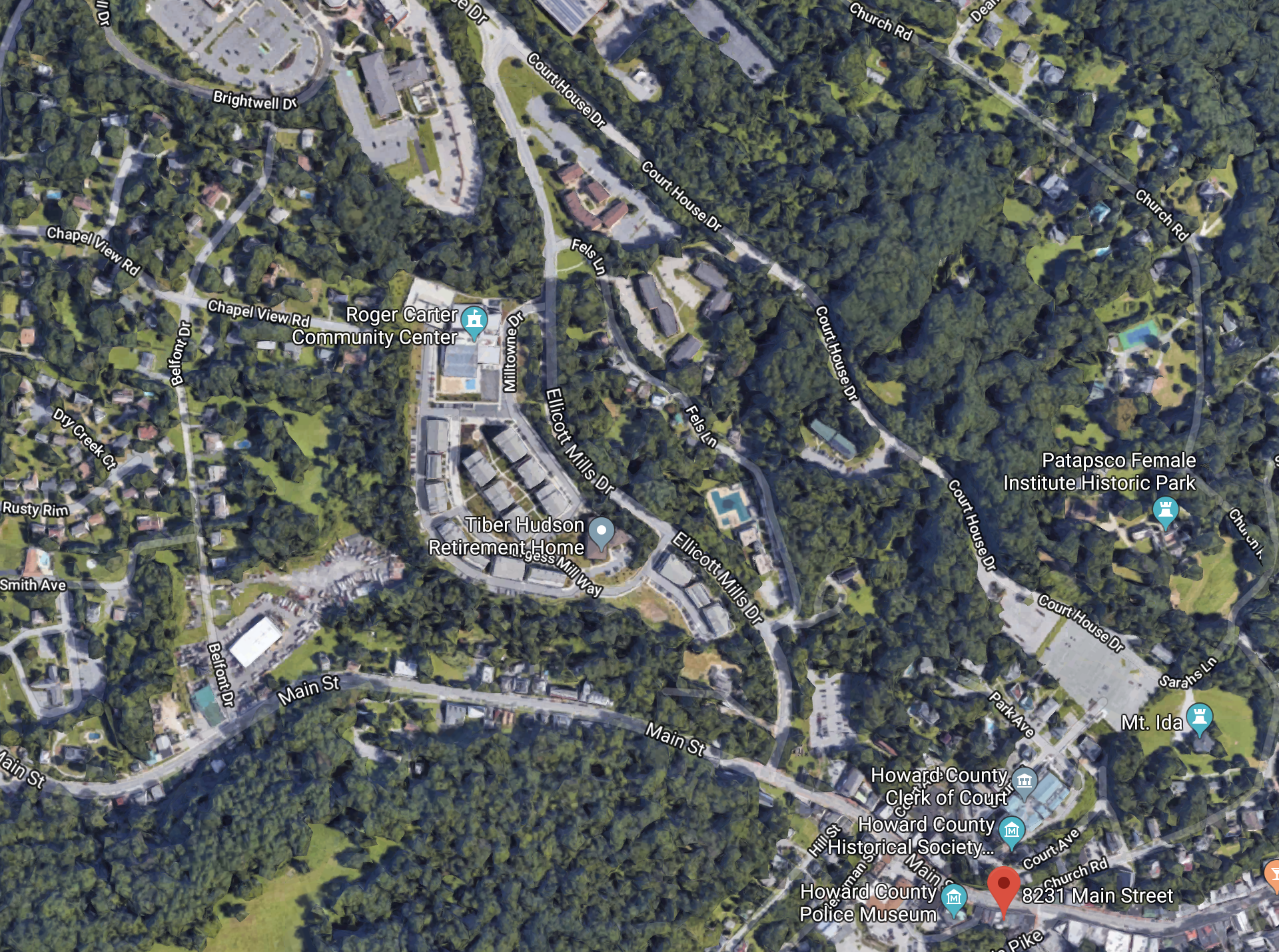 Aerial View of hte newly developed community at the top of the hill from Main Street Ellicott City