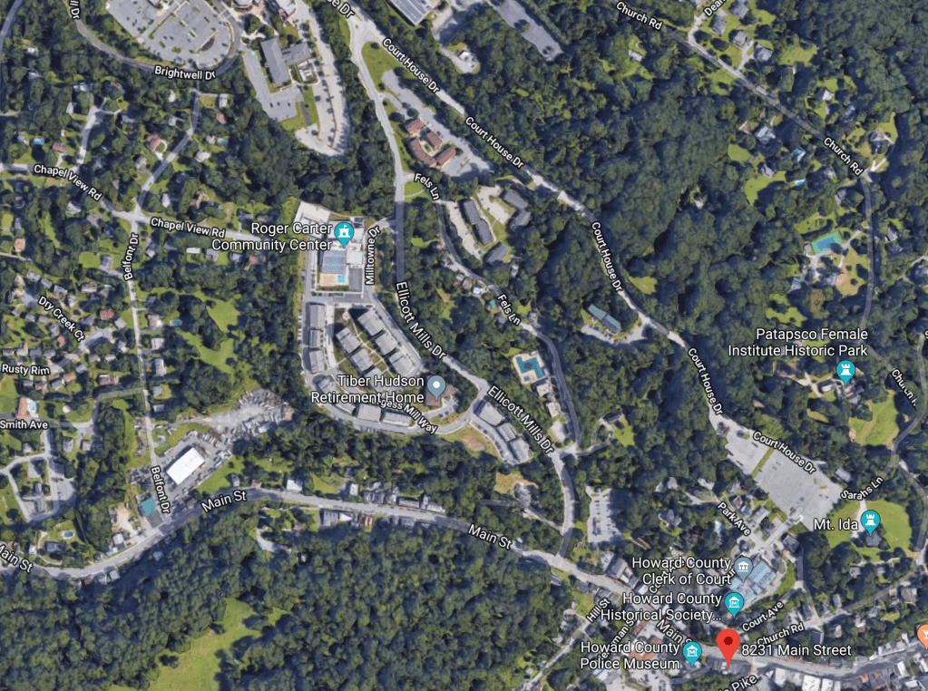 Aerial View of hte newly developed community at the top of the hill from Main Street Ellicott City